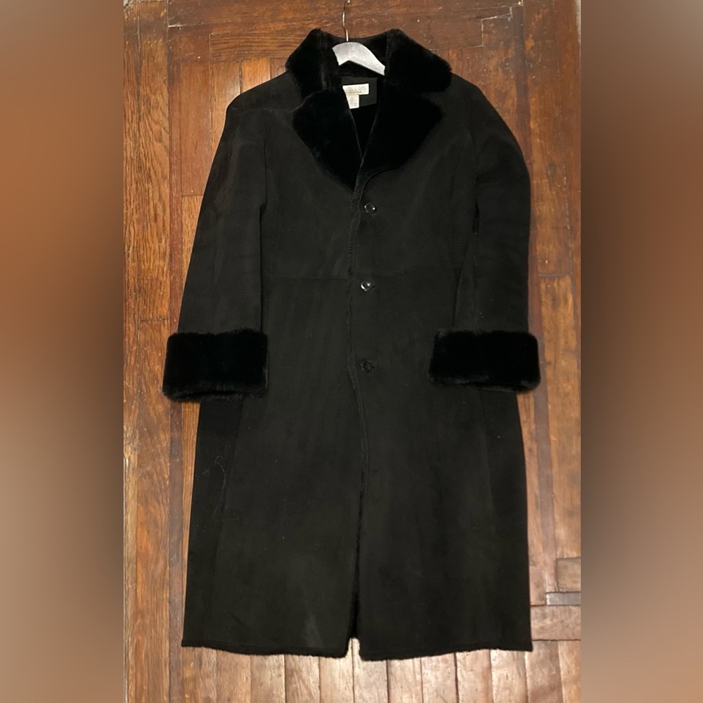 Brooks Brothers black full length faux shearling coat